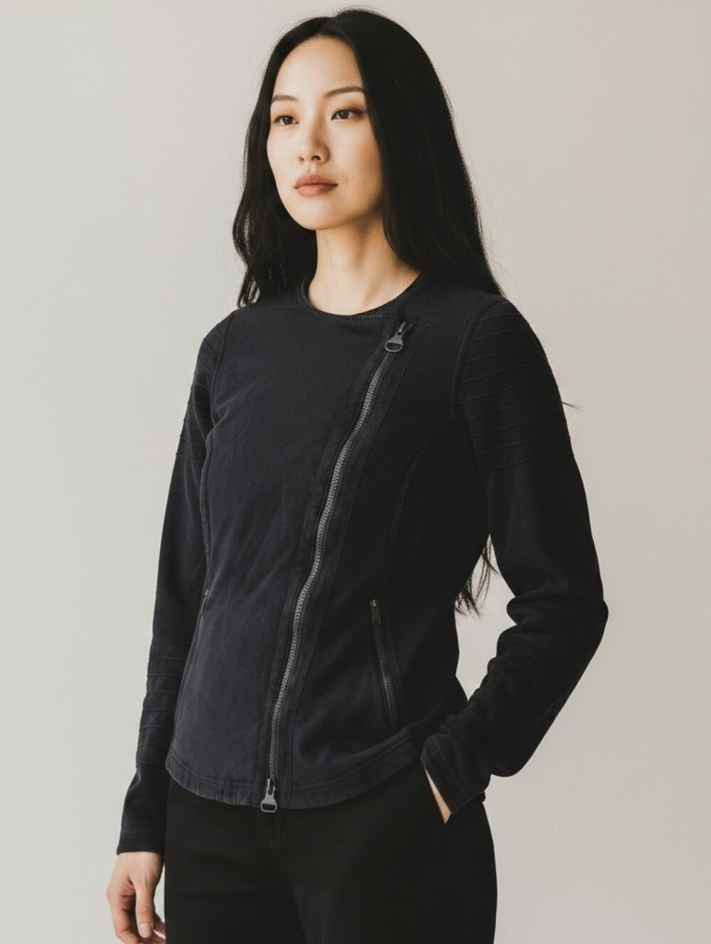 Athleta Jacket Womens XSmall Black Moto Full Zip Asymmetrical Stretch Zip Pocket